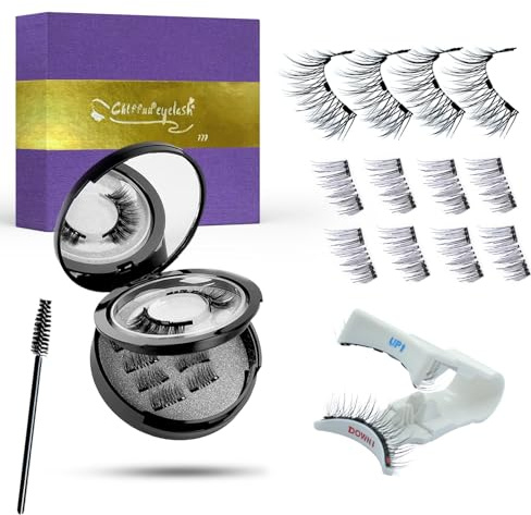 Magnetische Wimpern Schwarz Set – 3 Paare Voll- & Halbwimpern Natürlich Look, 4-Magnet Upgrade mit Applikator, Ohne Kleber mit Elegante Chlffua Geschenkbox