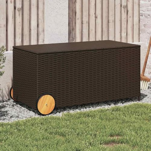 Gecheer Scatola di immagazzinaggio da giardino e ruote, marrone 190 l poli rattan, per esterni organizzatore di attrezzi da giardino, cassapanca con cuscini per balcone, piscina, terrazza