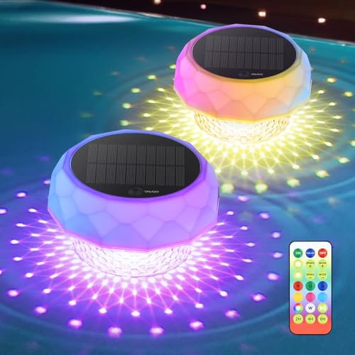 AUINSKY Luz para Piscina, Luz Solar Piscinas con RGB Cambio de Color, Mando a RF Distancia con Contenedor Limpieza, Luces Piscina para Decoración de Jardín y Piscinas-2 piezas