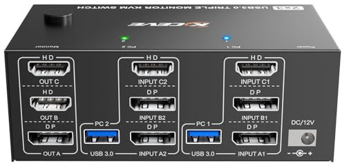 ESKEVE KVM-switch 2 PC 3 HDMI-skärmar + Displayport 8K @ 60Hz 4K @ 144Hz, trippelmonitor KVM-switch för 2 st PC, 3 skärmar och 4 x USB 3.0-enheter, med 12 V strömförsörjning,