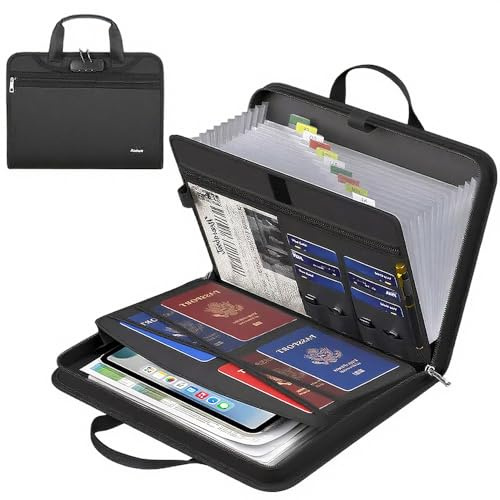 Portfolio A4 Porte-Documents en Cuir, Organiseur de Conférence Professionnel et 13 Compartiments, Porte Document A4 Imperméable avec Fermeture Éclair pour Bureau et Affaires