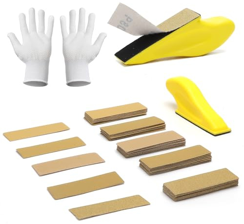 APOMOONS Juego de 50 papel de lija 80/120/180/240/400 grano con bloque de lijado manual y guantes blancos, juego de papel de lija para madera, para metal, reparación de coches, pintura de muebles de