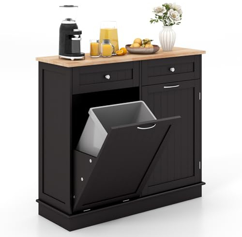 GIANTEX Armadio per Rifiuti da Cucina con Apertura a Ribalta, Mobile per Biancheria Autonomo con Piano in Legno di Gomma, Supporto per Cestino Nascosto, Ripiano Regolabile (Marrone)
