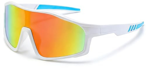 CIKJUK Lunette de Soleil Enfant Sport - Cadre Flexible en Silicone Protection UV Cyclisme vtt Ski Course à pied Cricket Lunettes de soleil Garçon Fille Miroir - Blanc/Bleu