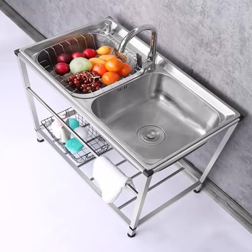 Lavello a doppia vasca in acciaio inossidabile con rubinetto e kit di scarico, stazione di lavaggio autoportante per esterni con ripiano portaoggetti, lavabo portatile (L74 x L 41 x A 75 cm)