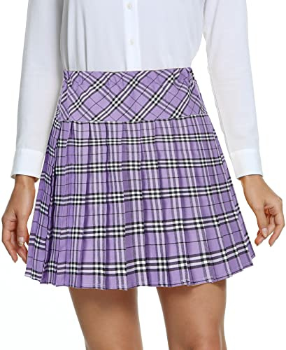 EXCHIC Donne College Stile Alta Vita Mini Pieghe Gonna Elastico Vita A-Line Scozzese Gonne con Breve Pantaloni(S, 20)
