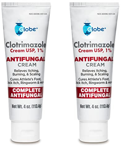 Globe Clotrimazole Antifungal Cream 1% USP, 4 oz (2 Pack), Anti Fungal Treatment, Relieves Itching, Burning, Cracking and Scaling Associated Athletes Foot, Jock Itch, Ringworm and More. (Total 8 oz)