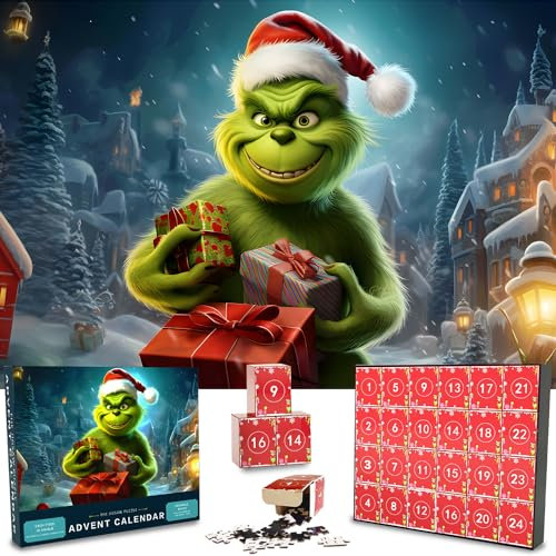 Advent Calendar Grinch Jigsaw Puzzles for Kids Adults, 24 Box 1008 Pieces Christmas Puzzle Countdown Calendar, Funny Christmas Game Gift Wall Decor, 20.5 x 29.6 inches