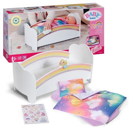 Baby Born Regenbogenbett - Puppenbett mit Regenbogenlicht & beruhigender Einschlafmelodie - Hochwertiges Puppen Zubehör inkl. Wendebettwäsche & Stickern - Geeignet für Kinder ab 3 Jahren