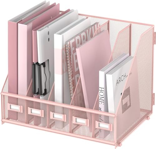 SUPTIDY Organisateur de bureau métallique avec 5 compartiments verticaux, support pour magazines pour bureau, home office et espace de travail, Rose