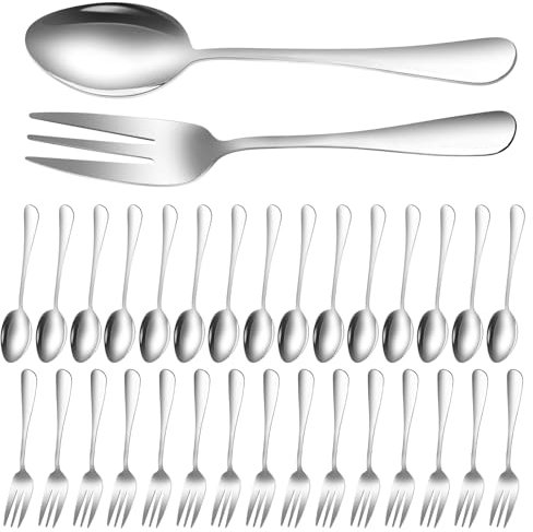 Set di 30 Cucchiaini Forchette Acciaio Inox - 15 Cucchiaini da Caffè 15 Forchettine da Dolce, Cucchiaini da The Cucchiaini da Dolce, Ideale per Casa, Ristoranti e Feste