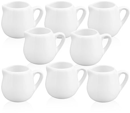 YKUKIZEE 8 Pcs Ceramic Small Milk Jug with Handle 60 ml, White Porcelain Creamer Jug Serving Pitcher, 2 oz Mini Milk Pouring Jugs for Coffee Cream Sauce Home Kitchen Bar