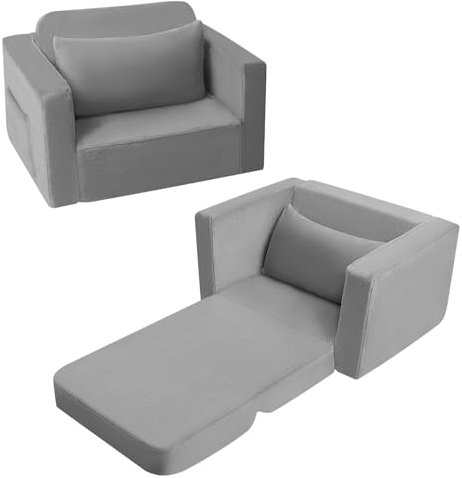 MeMoreCool Kindersofa Kindersessel Ausklappbar, Bequemes Bettsofa für Kleinkinder, 2-in-1 Schlafsofa für Kuschelecke Kinderzimmer, Mini Baby Sofa mit Schlaffunktion für Jungen und Mädchen, Grau