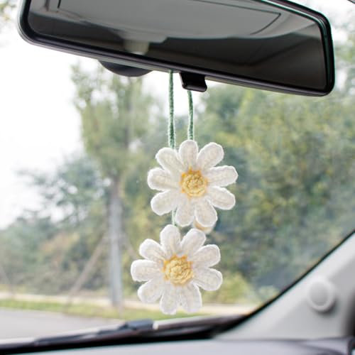 Ciondolo per Auto Margherita Lavorata a Mano, Accessori per Specchietto Retrovisore, Accessori Auto Donna da Appendere (Bianco)