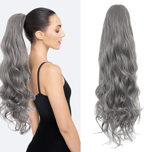 Benehair Ponytail Cheveux Naturel 60 cm Longue Postiche Cheveux Postiche Queue de Cheval avec Cordon Synthétique Rajout Ponytail Extension pour Femmes(Gris,160g)