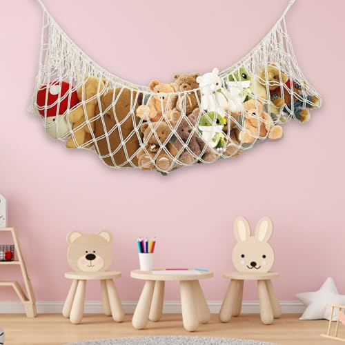 Toy Hammock for Stuffed Animals Storage, Extra Large 56'' Long Hammock Tassel Design Soft Toy Net Wall Corner Bed End Hanging Organizer Holder for Kids Room Playroom Nursery (Beige)