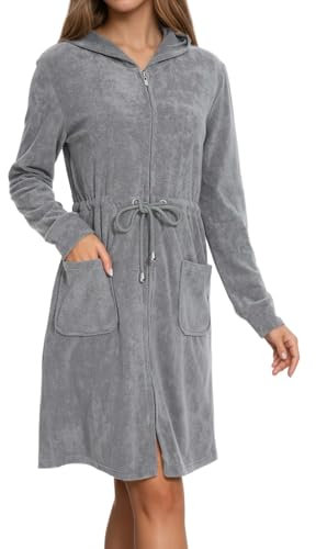 Zinnora Leichter Kurz Bademantel Damen Hausmantel Weiches Frottee Mit Kapuze Und Zipper L Steingrau Ideal für Sauna und Zuhause