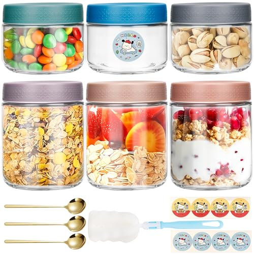 BBWELL 6 Stück Overnight Oats Gläser,einmachgläser mit Schraubdeckel,marmeladengläser,meal prep gläser für Einlegen,Einmachen,Konservieren mit Aufklebern,Reinigungswerkzeugen einem Löffel inklusive