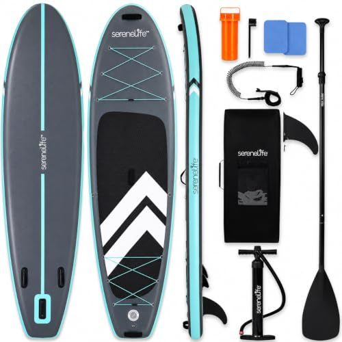 SereneLife Tabla Paddle Surf Hinchable 25x84cm, Extra Ancha y Estable, EVA Antideslizante, Accesorios Incluidos, 160kg, Principiantes y Avanzados