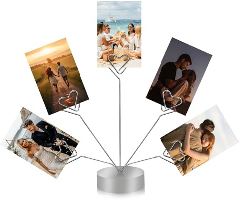 Heart-Shaped Photo Stand Contains Five Clips, Silver Tree Holder for Pictures Desk Photo Display Gift Tree Holder for Party, Round Base Suitable as a Gift for Holidays Weddings or Work