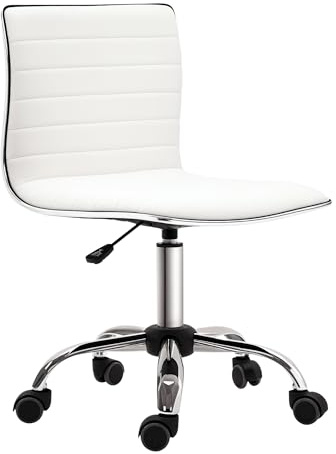 HOMCOM Armless Task Desk Chair, Swivel Office Chair with Faux Leather, Adjustable Seat Height, Chrome Base, Wheels for Home, White