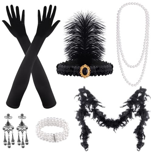 FEPITO 9 Pcs 1920er Jahre Zubehör Set Flapper Stirnband Halskette Ohrringe lange schwarze Handschuhe Boa Great Gatsby Thema Party Zubehör für Frauen (Set G)