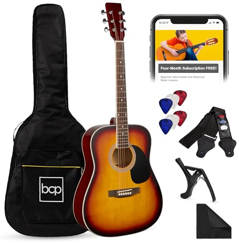 Best Choice Products 41in Full Size Beginner All Wood Acoustic Guitar Starter Set w/Gig Bag, Strap, Capo, Strings, Picks - Sunburst