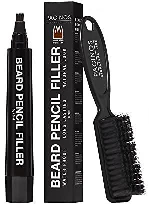 Pacinos Beard Pencil Filler - Water Proof, Long Lasting Coverage & Natural Finish - Beard, Moustache & Eyebrows - Micro-Fork Tip for Seamless Application - Bristle Brush Included (Dark Brown)