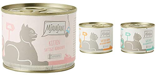 MjAMjAM - Premium Nassfutter für Katzen - Kitten saftiges Hühnchen mit Lachsöl, 6er Pack (6 x 200 g) & Premium Nassfutter für Katzen - Monopaket 1 - mit Huhn und Pute, 6er Pack (6 x 200 g)