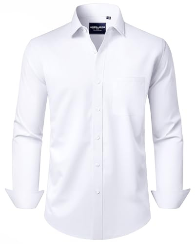 Alimens & Gentle Mens White Dress Shirt Slim Fit Wrinkle Free Long Sleeve Stretch Button Up Shirts Business Casual Shirts