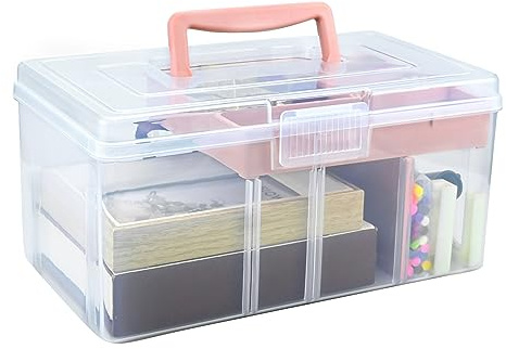 Joyseedi Stackable Clear Storage Craft Box with Lid, Mulit Purpose Storage Boxes with Compartment Tray Plastic, Medicine Chest Portable for Storing Toys, Arts Crafts, Stationery, Fishing (Pink)