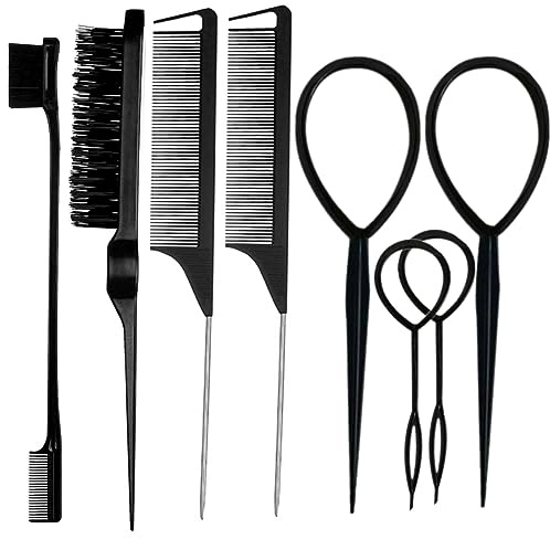 ZVOREI 8Pcs Black Hair Brushes Set with 4Pcs Topsy Tail Tools, Teasing Bristle Brush, Edge Control Brush, and 2Pcs Metal Pin Rat Tail Combs for Women's Hair Styling and Brushing