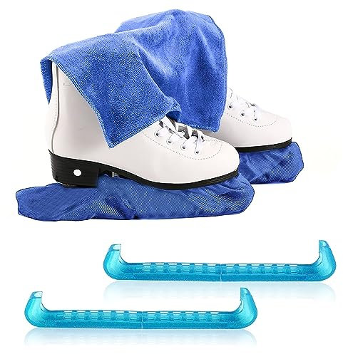 Eishockey Kufenschoner Schlittschuhe Geschenkset,Schlittschuhschoner,1 Paar Elastische Kufenstrümpfe+1 Paar Verstellbar Schutz Kunststoff+1 Stück Handtuch, Kufenschutz Zubehör für Herren Damen Kinder
