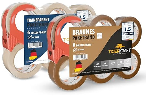 TIGERKRAFT - PAKETKLEBEBAND GERÄUSCHARM INKL ABROLLER - PACKETBAND UV-BESTÄNDIG - KLEBEBAND JE 48MM x 66 METER / 48 MIC - PACKBAND FÜR VERSAND, LAGER HANDWERKEN & BASTELN ZUM VERPACKEN VON PAKETEN
