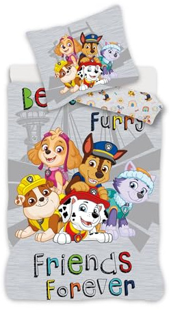 PAW PATROL Bettwäsche für kleines Bett, wendbarer Bettbezug 100 x 135 cm + Kissenbezug 40 x 60 cm, 100 % Baumwolle, mit Chase, Marcus, Ruben, Stella und Everest