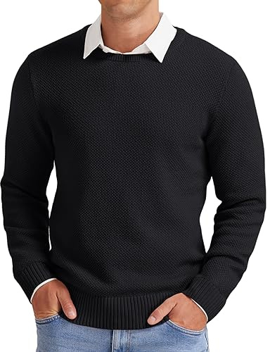 NITAGUT Herrtröjor klassisk rund hals våffelmönstrad stickade tröjor vinter varm långärmad pullover med ribbad kant, Svart, L