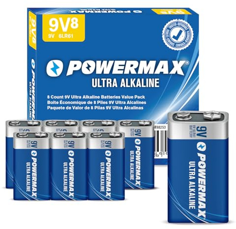 Powermax 8-Count 9V Batteries, Ultra Long Lasting Alkaline Battery for Home and Office, 7-Year Shelf Life, Reclosable Packaging