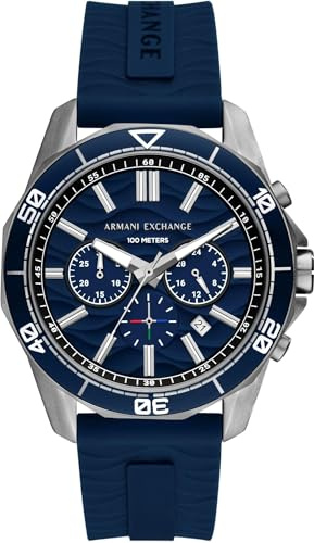 Armani Exchange Watch for Men, Quarz-Chronographenwerk und 44mm Gehäusegröße mit Silikonarmband, Blau und Grau