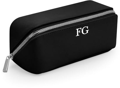 Personalised Men’s Small Wash Bag in Black with Black Zip Detail, PU Leather Lay Flat Travel Toiletry Bag, Monogrammed Accessory Case