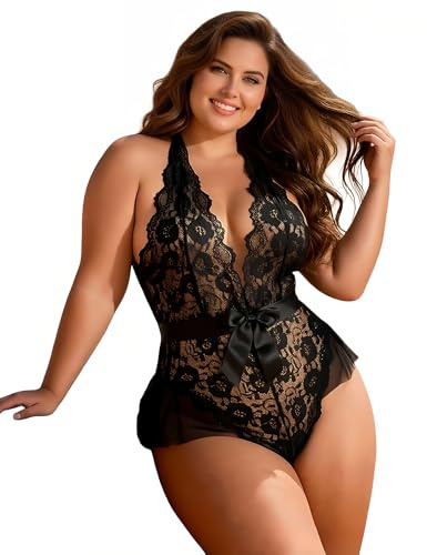 ohmydear Lencería Sexy para Mujer Erótica Encaje | Tallas Grandes, Ropa Interior, escote en V, espalda descubierta, Teddy Babydoll camisón, traje sexy para Mujer
