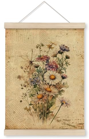 HRQKO Vintage Floral Poster Hanger Frame, Botanical Flower Wall Art, Rustic Wildflower Decor with Wooden Frames, Retro Daisy Flowers Wall Hanging Poster Decor for Living Room Bedroom, 12x16 Inch