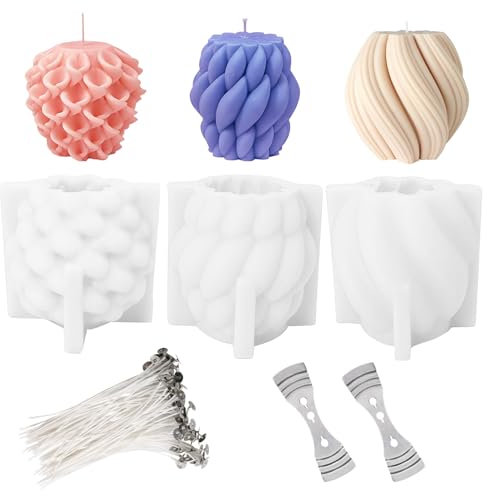3 Stück Silikon Kerzengießformen Set für DIY Kerzen Gießen, Silikonform Kerzen Gießen und Kerzendocht Set, Handgefertigte Kerzenform