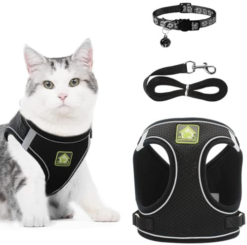 REESTBOO Katzengeschirr mit Leine Set, Ausbruchsicher Katzen Geschirr mit Katzenleine und Halsband, Verstellbares Reflektierende Katzengurt für Katzen Kitten Outdoor, Schwarz (XS)