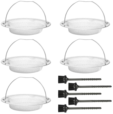Keboyoe 5 Piezas Colador Fregadero Filtro de Acero Inoxidable Colador de Fregadero de Cocina con 5 Cepillo Filtro Fregadero Cocina Filtro de Drenaje de Fregadero con Asa para Evitar Obstrucciones,11CM