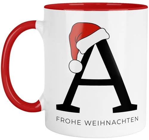 Taza de Navidad con monograma de Papá Noel, monograma, letra inicial, feliz Navidad, taza de vino caliente, taza personalizada (taza interior y asa, rojo)