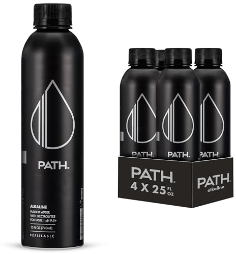 Path Alkaline Bottled Water - 9.5 pH-Balanced Purified Water with Electrolytes in Aluminum Bottle - BPA-Free, Reusable, Infinitely Recyclable - Pure, Crisp, Refreshing Taste 25 fl oz (Pack of 4)