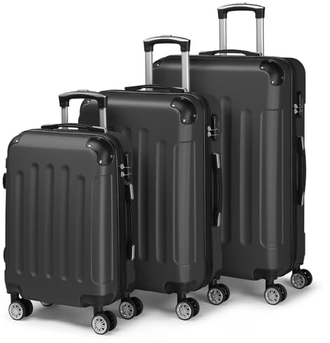 LEADZM Kofferset 3 teilig, Reisekoffer Set mit Eckenschutz, Koffer Set Hartschalen-Trolley aus ABS mit Teleskopgriff, Handgepäck (Schwarz)