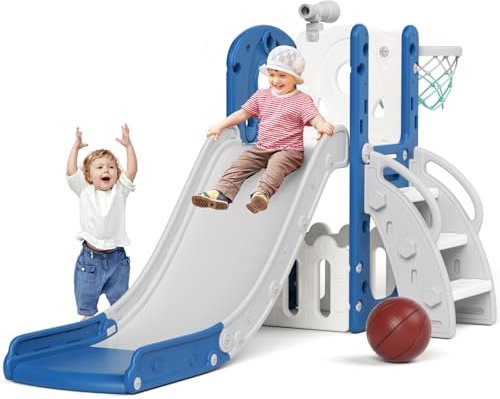 XJD Kinder Rutsche für 1-3 Jahre Outdoor & Indoor,Babyrutsche 5 in 1 mit Basketballkorb,Freistehende Rutsche,Stauraum,Kletterleiter und Spielteleskope, Kleinkind Spielplatz Gartenrutsche(Blaugrau)