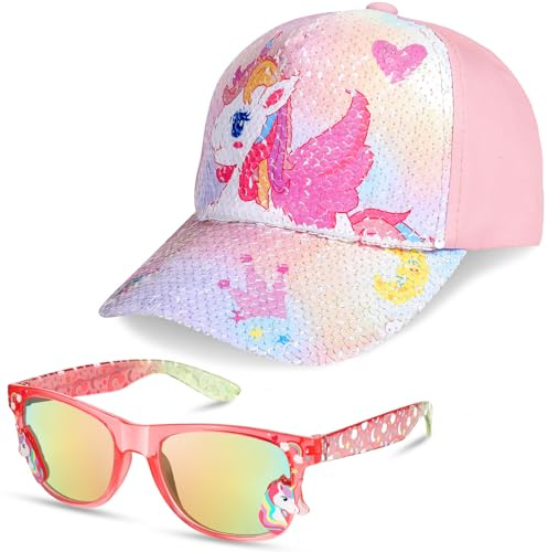 Unicornio Gorras de Béisbol de Niña Gafas de Sol, Gorras Ajustables con Visera de Unicorn Gafas Sol Protección Verano para Regalos