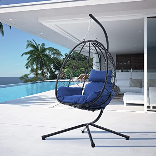 Egg Chair with Stand Indoor Outdoor Swing Chair Patio Wicker Hanging Egg Chair Hanging Basket Hammock Chair with Stand for Bedroom Living Room Balcony